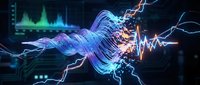 Digital brain with electric lightning bolts and data waves on dark background. Futuristic artificial intelligence concept for technology presentations.