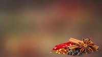 Aromatic spices including star anise, cinnamon stick, red chili pepper and black peppercorns arranged on warm blurred background for culinary cooking.