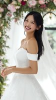 Happy Asian bride in white wedding dress and veil smiling joyfully under floral arch with pink roses for wedding ceremony and bridal portrait photography.