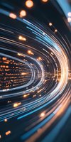 Abstract light trails creating futuristic tunnel effect with glowing orange and blue streaks against dark background, conveying speed and digital technology motion.