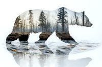Double exposure silhouette of bear filled with winter forest and flowing river landscape, artistic nature composition on white background.