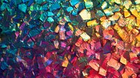 Vibrant abstract oil painting with textured palette knife technique showcasing spectrum of colors from deep turquoise to warm orange and pink, creating dynamic mosaic effect.