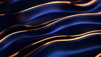 Elegant flowing waves in deep navy blue with glowing golden lines creating dynamic movement pattern against dark background. Luxury abstract design element.