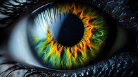 Extreme close-up of human eye with golden yellow and green iris, black pupil, and detailed eyelashes. Macro photography for medical, scientific, or vision-related design projects.