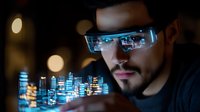 Young bearded man wearing futuristic augmented reality smart glasses with holographic city interface display, glowing digital elements in dark environment.