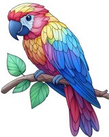 Colorful macaw parrot perched on tree branch with green leaves, featuring vibrant rainbow plumage in red, yellow, and blue tones. Artistic illustration on white background.