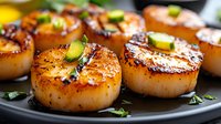 Pan-seared scallops with golden caramelized crust garnished with fresh herbs on dark plate. Gourmet seafood dish for fine dining restaurant menus.