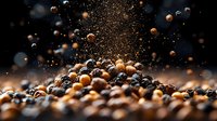 Aromatic black and white peppercorns falling and creating dynamic spice composition with golden light and bokeh effect on dark background.