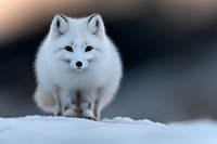 Arctic fox standing in snow with soft blurred background, white winter fur coat glowing in natural light, looking directly at camera with curious expression.