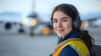 Young woman in safety vest and headphones smiling at airport with airplane in background, representing aviation industry worker or ground crew staff member.