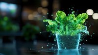 Fresh green lettuce splashing in water with glowing droplets and particles creating dynamic motion effect against dark background with bokeh lights.