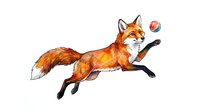 Red fox leaping and catching a ball in mid-air, isolated on white background. Watercolor style illustration suitable for children's books, educational materials, and playful design projects.