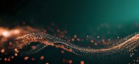 Abstract glowing wave with sparkling particles flowing on dark turquoise and copper background, modern dynamic design element for luxury branding.