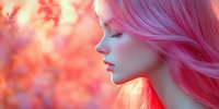 Young woman with pink hair in profile against blurred coral background, soft dreamy lighting creates ethereal atmosphere, closed eyes express serenity and peace.