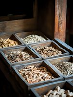 Wooden boxes filled with various dried mushroom slices and medicinal herbs in traditional storage display, natural food ingredients in rustic setting.