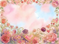 Watercolor floral frame with roses, peonies, and ornamental hearts on soft pastel background. Isolated design element suitable for wedding invitations, greeting cards, and romantic projects.