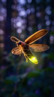 Glowing firefly with luminescent green light flying through magical forest with bokeh background creates enchanting summer evening atmosphere.