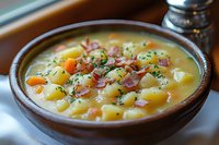 Creamy potato soup garnished with crispy bacon bits, fresh herbs, and colorful carrots served in rustic brown ceramic bowl, comfort food for cold weather dining.