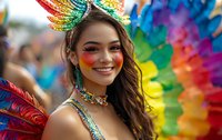 Young Asian woman in vibrant carnival costume with rainbow feather headdress, colorful makeup and glittering accessories smiling during festival celebration.