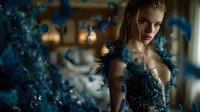 Young woman in glamorous blue feathered gown with dramatic lighting, creating an elegant and mysterious atmosphere for fashion or fantasy concept.