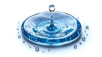Isolated water droplet creating ripple effect in blue liquid pool with splashing droplets on white background, suitable for design, web, and marketing materials.