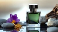 Elegant green perfume bottle with purple crocus flower and zen stones on reflective surface, creating luxurious spa atmosphere. Suitable for beauty advertising.