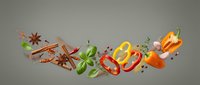 Flying fresh vegetables and spices mix with peppers, basil, cinnamon, star anise on gray background, dynamic food levitation concept.
