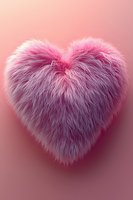 Pink fluffy heart shape made of soft fur texture on pink gradient background, romantic valentine concept for greeting cards and social media posts.