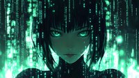 Mysterious anime female character with glowing green eyes against digital matrix rain background, cyberpunk style portrait with dark hair and intense gaze.