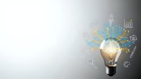 Light bulb with digital innovation icons and circuit patterns representing creative business ideas and technological solutions for modern enterprises.