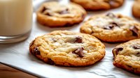 Fresh baked chocolate chip cookies with melted chunks on parchment paper, served with glass of milk, close up view of homemade sweet treats.