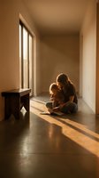 Young Caucasian mother sitting on floor reading book to toddler in warm sunlit minimalist room with concrete floors and soft shadows.