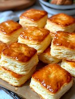 Golden flaky puff pastry squares with glossy caramelized tops arranged on baking parchment, freshly baked homemade pastries for breakfast or dessert menu.