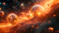 Cosmic space scene with glowing planets and bright orange nebula clouds among sparkling stars in deep universe for astronomy and science fiction projects.