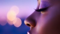 Close up profile of young woman with long eyelashes and glowing skin against blurred purple and blue bokeh background, creating dreamy atmospheric mood.