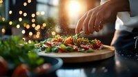 Chef seasoning fresh salad with spices, close-up view of hands sprinkling ingredients over colorful vegetables on wooden cutting board in restaurant kitchen.