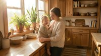 Young Caucasian mother holding smiling toddler girl in warm rustic kitchen with natural sunlight, plants, and wooden cabinets.