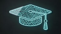 Glowing neon graduation cap with geometric wireframe pattern on dark background for education and achievement concepts.