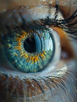 Extreme macro photography of human eye with turquoise iris and golden ring around pupil, showing intricate details of eyelashes and eye surface texture.