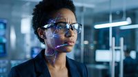 African American businesswoman using futuristic augmented reality interface technology in modern office environment for digital innovation solutions.