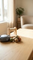 Cozy living room with wooden table featuring colorful felt balls, black bowl and natural wood toy in warm sunlight creating peaceful home atmosphere.