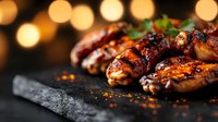 Grilled chicken wings with spicy glaze and herbs on dark stone board against blurred golden bokeh lights background, close up view of appetizing party food.