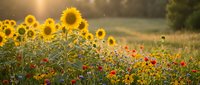 Vibrant sunflower field with colorful wildflowers blooming in golden sunset light creating warm summer agricultural landscape for nature backgrounds.