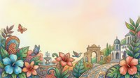 Colorful hand-drawn garden scene with flowers, butterflies, fountain, and ornate architecture on a soft pastel background with copy space.