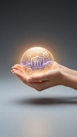 Female hand holding glowing orb with regulation compliance shield icon and circuit patterns, symbolizing legal standards, governance, and business compliance solutions for corporate presentations.