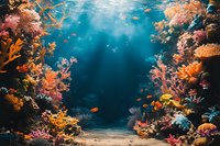 Vibrant coral reef ecosystem with orange and pink corals framing sunbeams penetrating deep blue waters, tropical fish swimming among colorful marine life.
