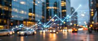 Digital growth chart with glowing lines overlaying blurred city skyline at night, representing business success and financial progress in urban environment.
