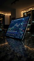 Tablet displaying stock market trading charts and financial data on a dark reflective surface with bokeh lights in the background.