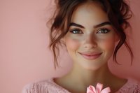 Young woman with bright blue eyes and natural makeup smiling warmly against pink background wearing knit sweater, expressing joy and genuine happiness.