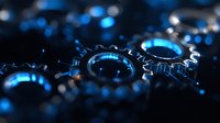 Metallic gears mechanism in blue technological lighting, close-up view showing industrial machinery parts with dramatic shadows and reflective surfaces.